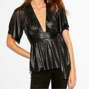 Express black metallic wrap top